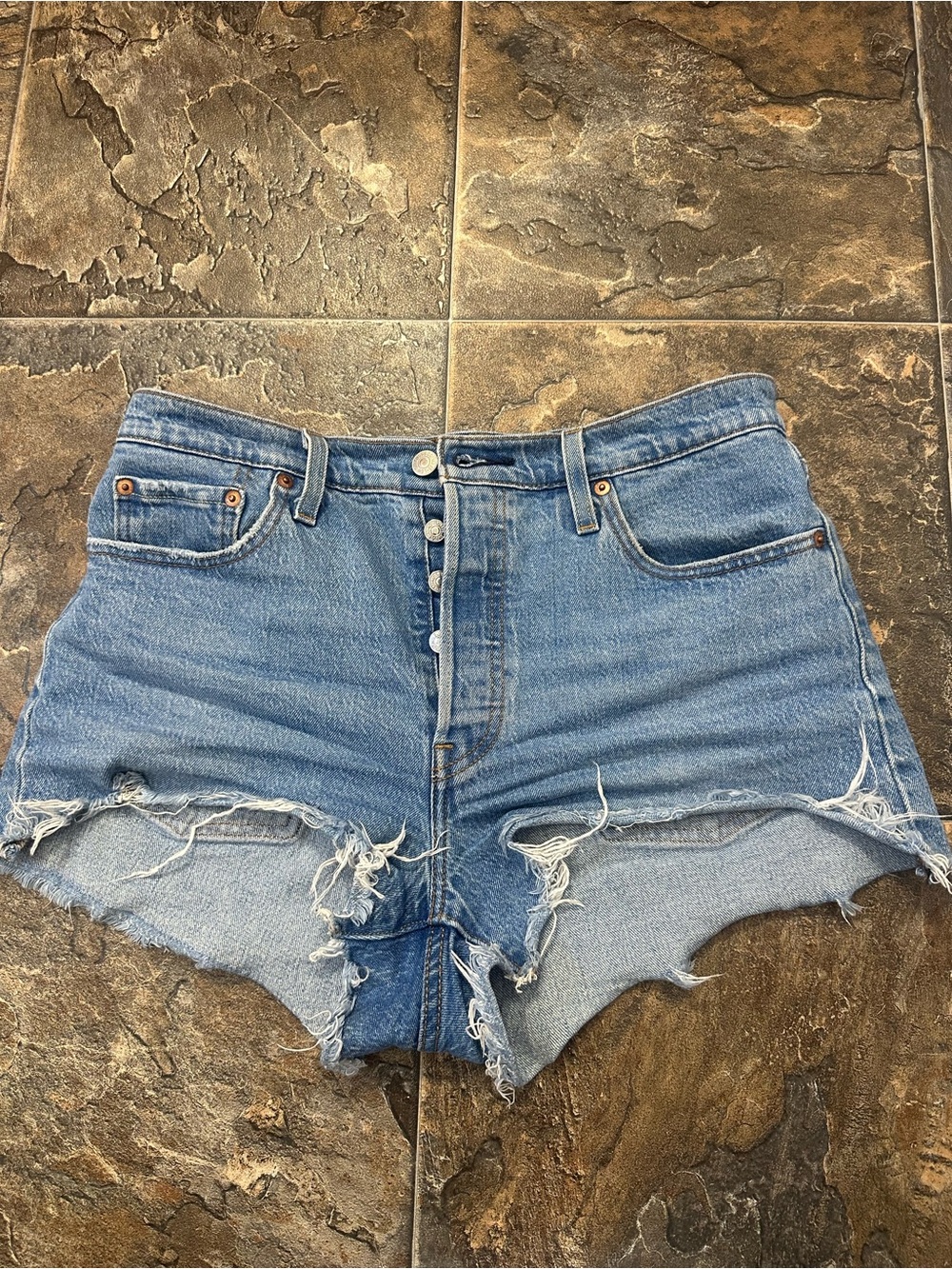 Levi's Light Blue Distressed High-Rise Denim Shorts